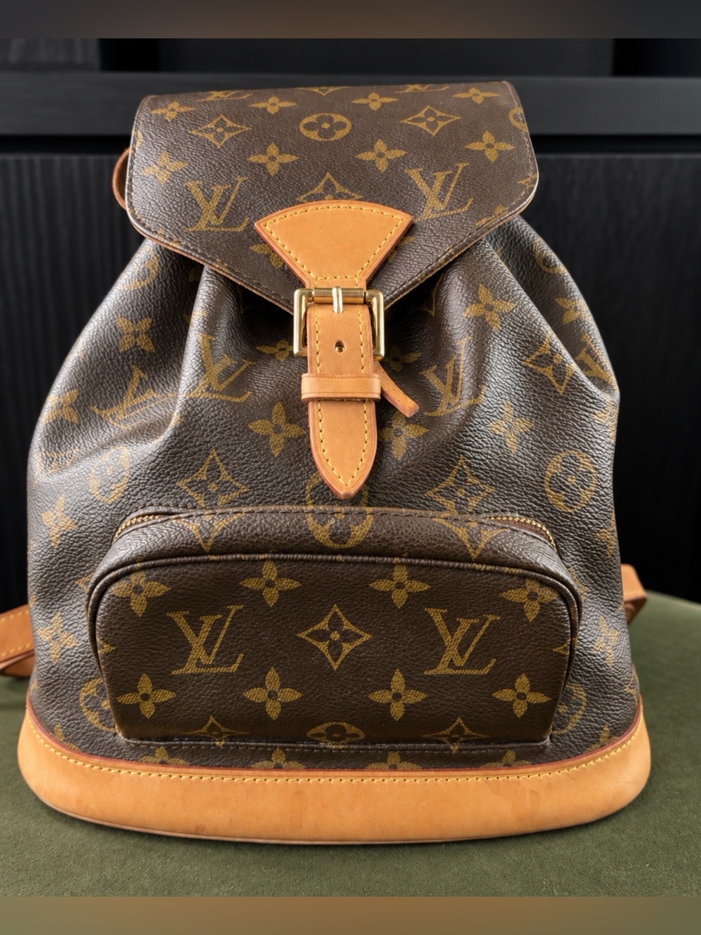 Louis Vuitton Monogram Canvas Backpack with Tan Trim and Gold Hardware